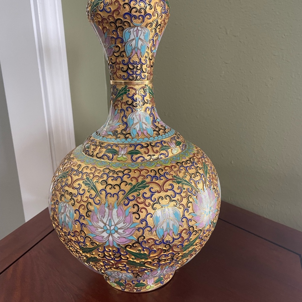 Ornate Cloisonné Style Floral Gourd Vase in Gold and Pastels